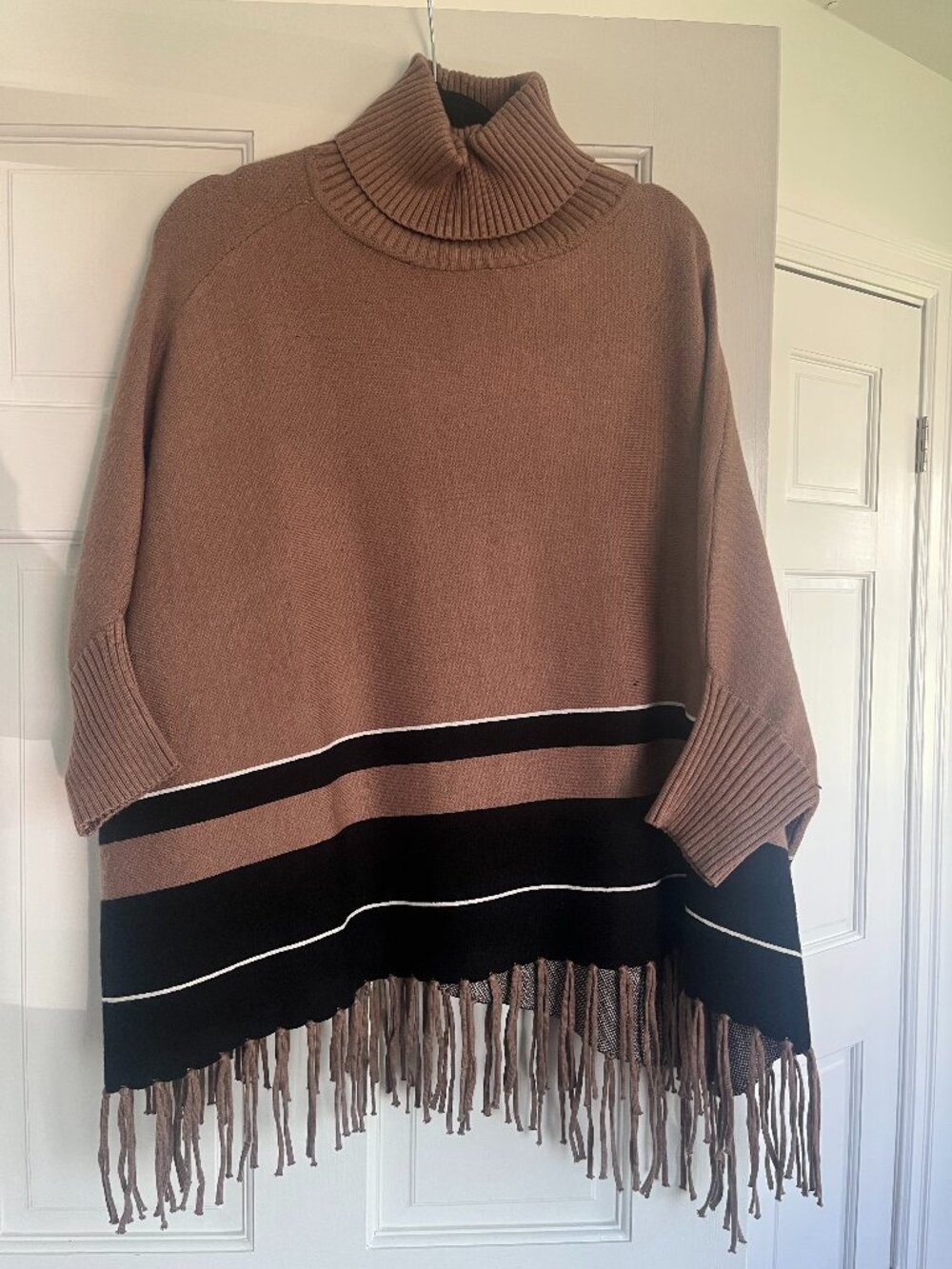 Coco + Carmen Turtleneck Fringe Poncho Sweater - Size: One Size Camel/Black